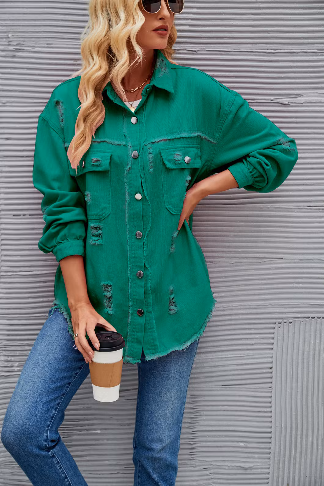New Style Washed Medium Length Ripped Long Sleeve Denim Jacket