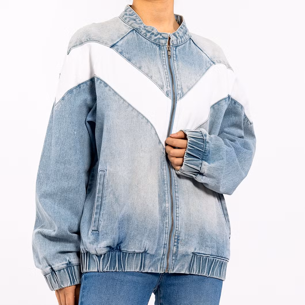 Custom Vintage Round Neck Zipper Long Sleeve Colorblocked Denim Jacket for Women