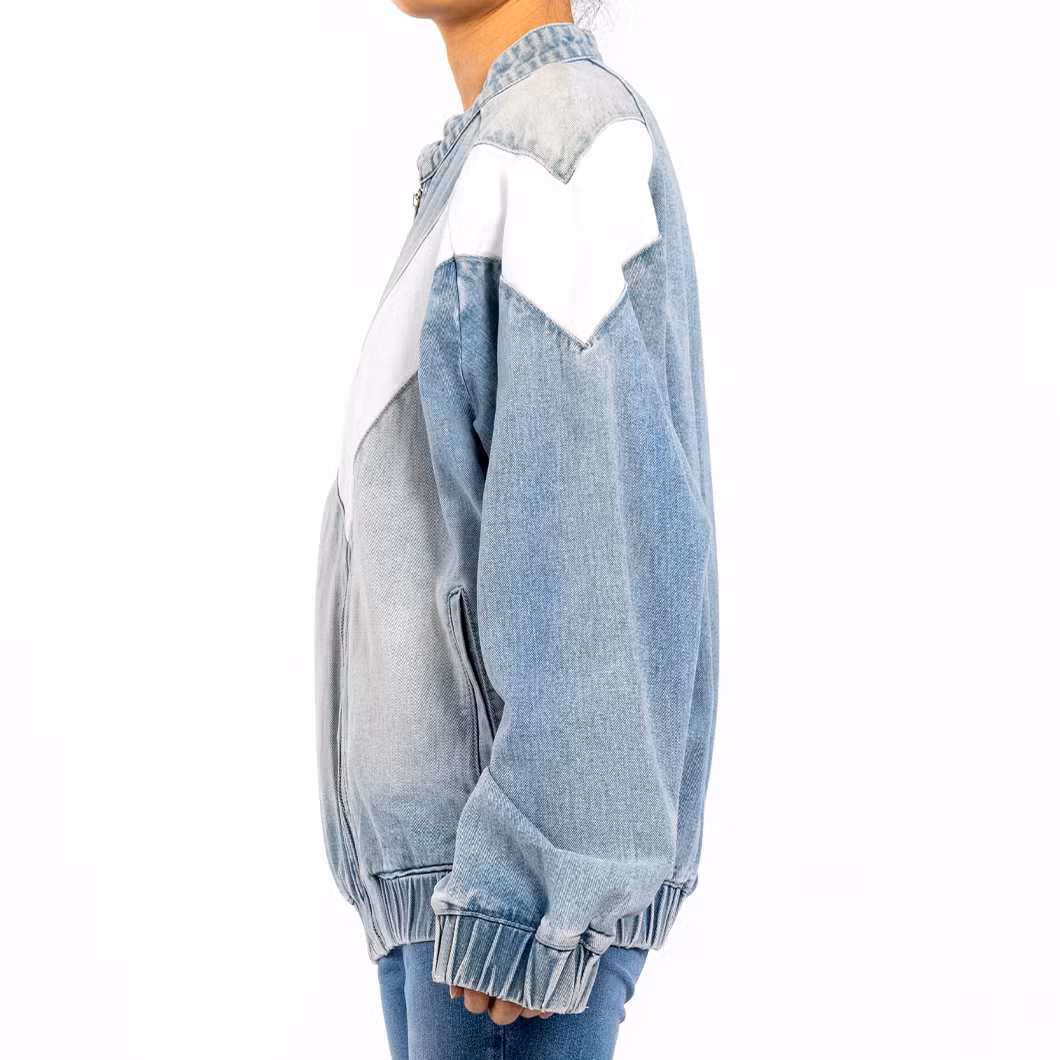 Custom Vintage Round Neck Zipper Long Sleeve Colorblocked Denim Jacket for Women