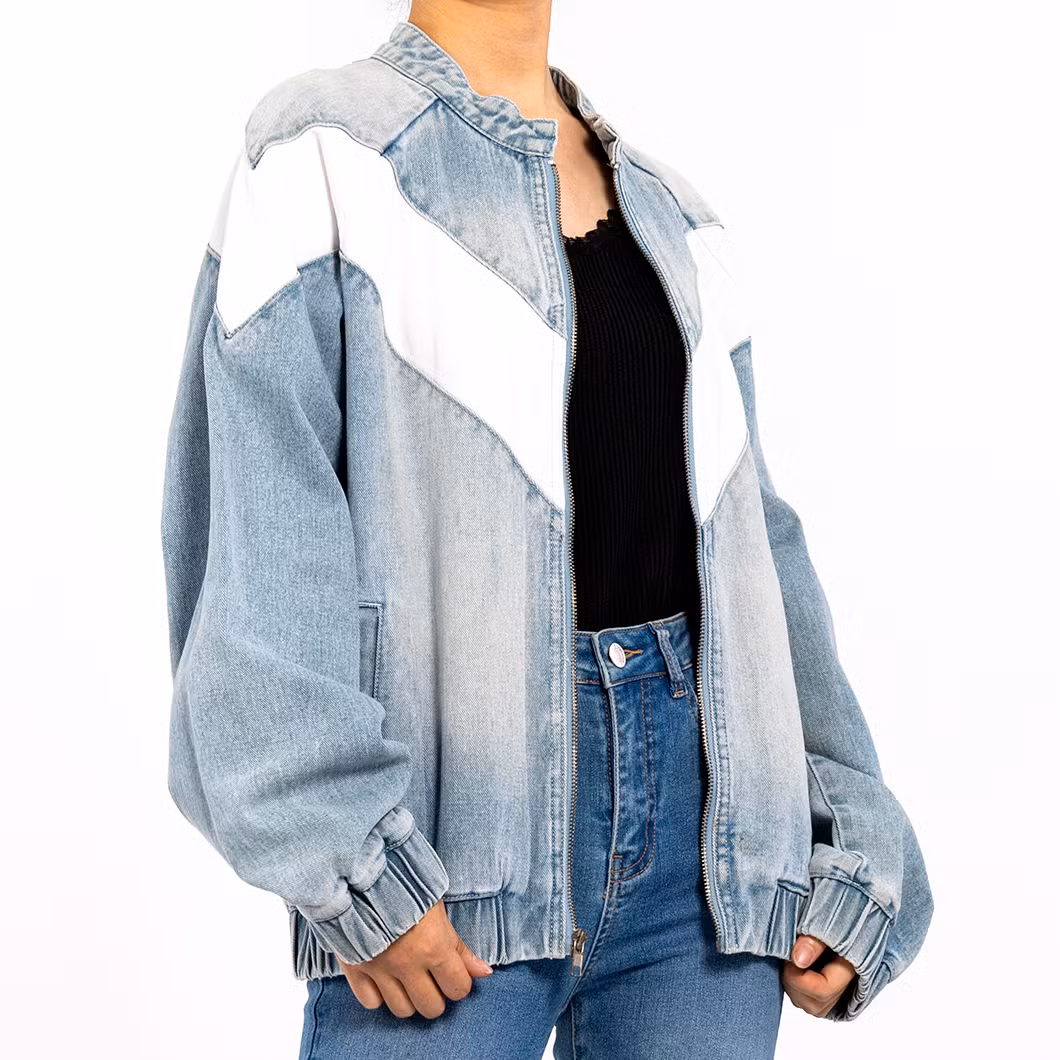 Custom Vintage Round Neck Zipper Long Sleeve Colorblocked Denim Jacket for Women