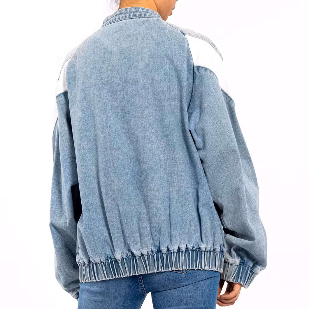 Custom Vintage Round Neck Zipper Long Sleeve Colorblocked Denim Jacket for Women
