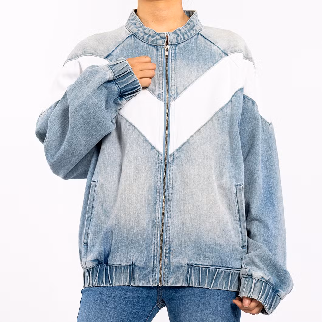Custom Vintage Round Neck Zipper Long Sleeve Colorblocked Denim Jacket for Women