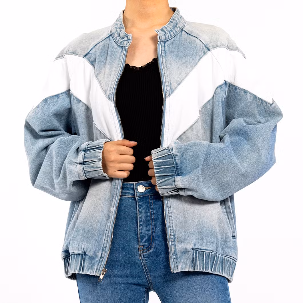 Custom Vintage Round Neck Zipper Long Sleeve Colorblocked Denim Jacket for Women
