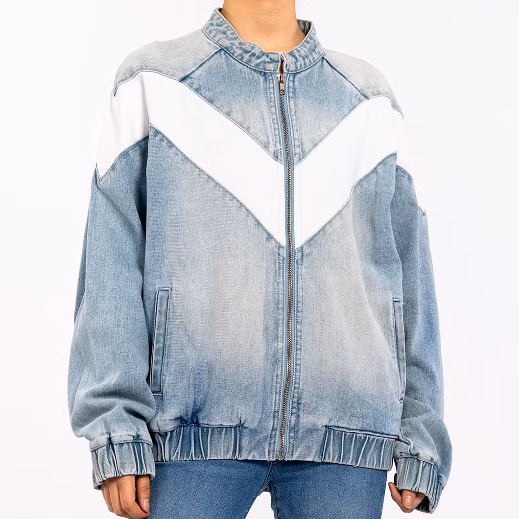 Custom Vintage Round Neck Zipper Long Sleeve Colorblocked Denim Jacket for Women