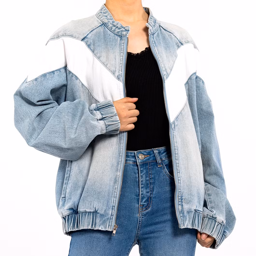Custom Vintage Round Neck Zipper Long Sleeve Colorblocked Denim Jacket for Women