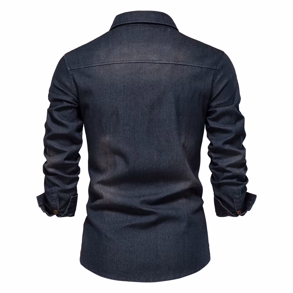 New European Size Men′s Denim Non-Iron Shirt Men′s Casual Solid Color Long Sleeve Shirt