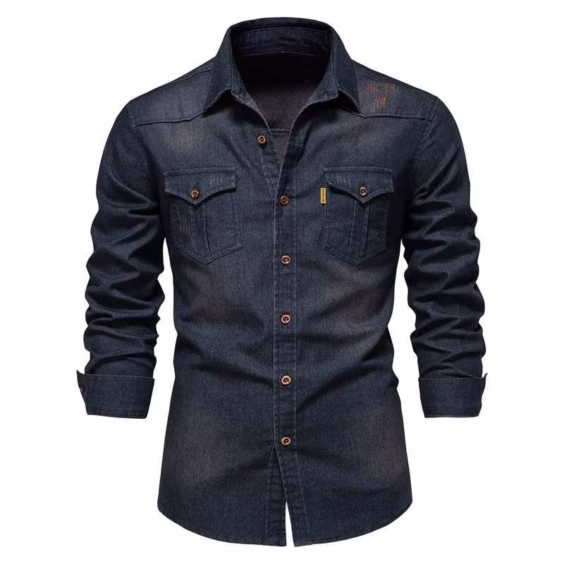 New European Size Men′s Denim Non-Iron Shirt Men′s Casual Solid Color Long Sleeve Shirt