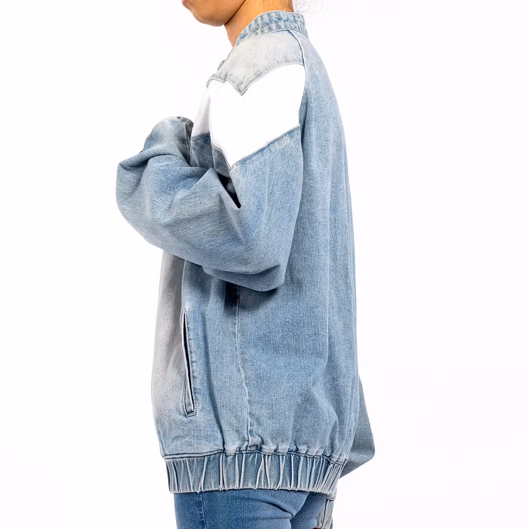Custom Vintage Round Neck Zipper Long Sleeve Colorblocked Denim Jacket for Women