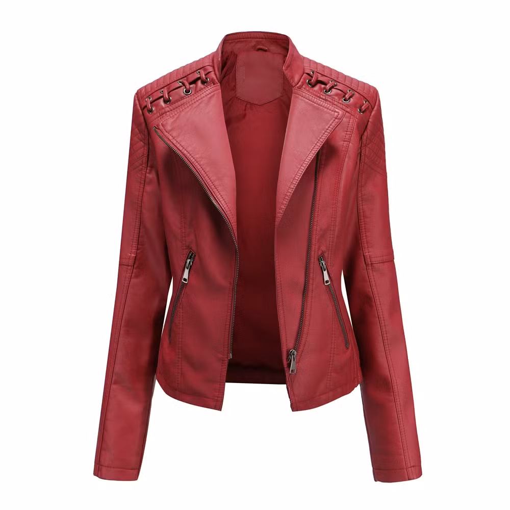 Wholesale Women Winter Biker Coat Women Dark Purple PU Leather Motorcycle Jacket