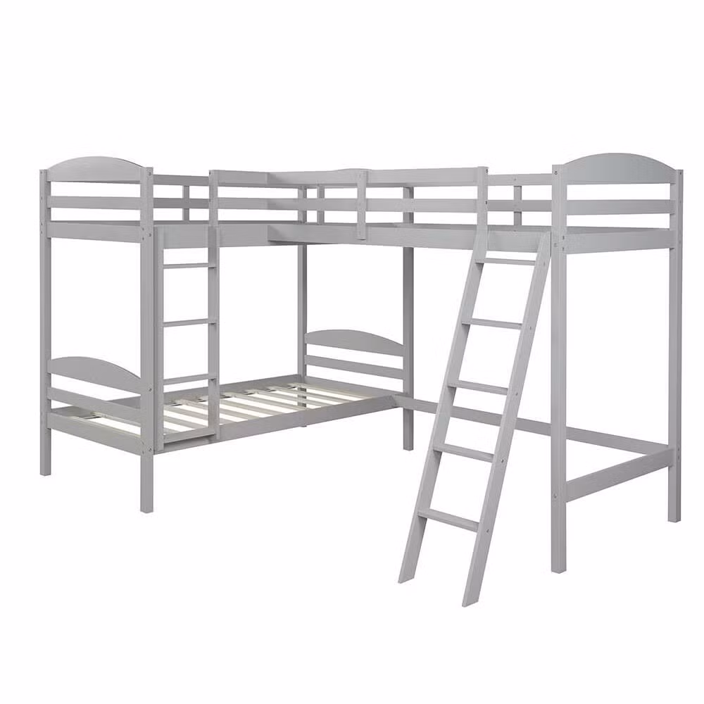 Pinewood Bedroom Furniture L-Shaped Kids Loft Bunk Beds Frame for 3 Children