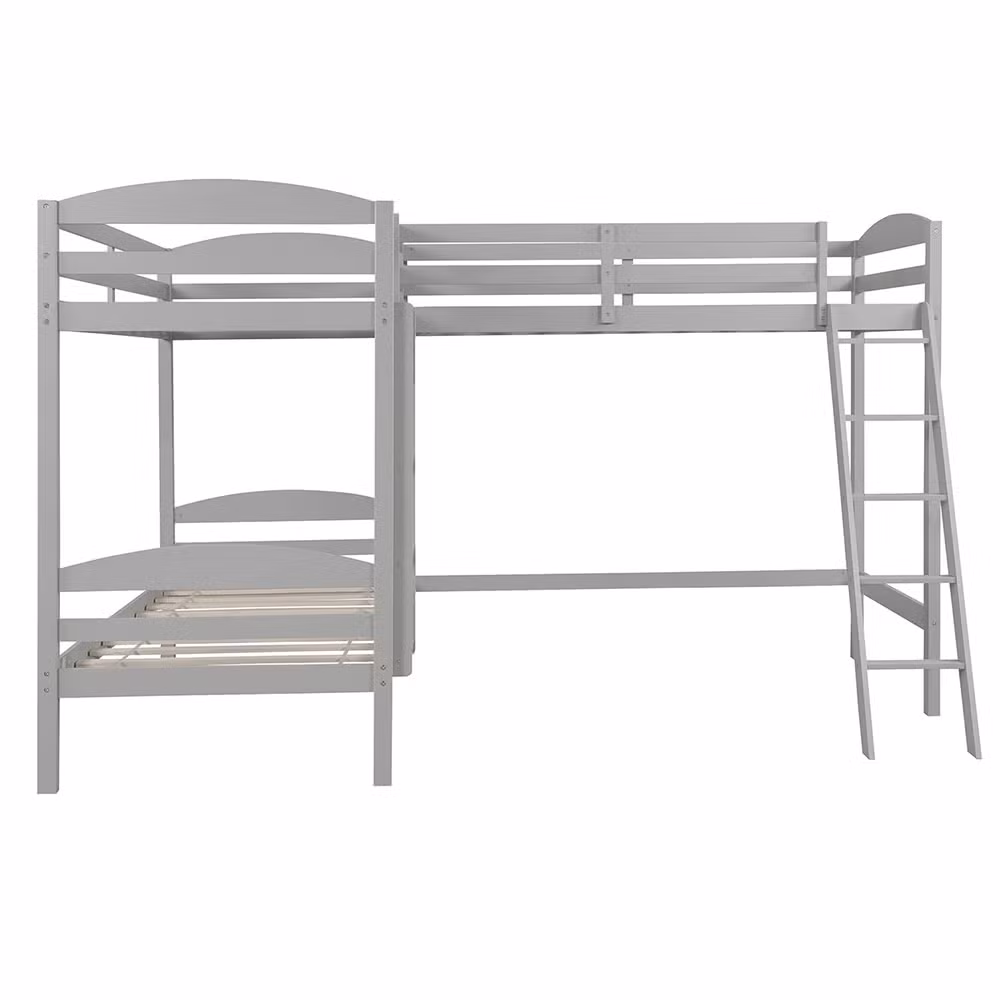 Pinewood Bedroom Furniture L-Shaped Kids Loft Bunk Beds Frame for 3 Children