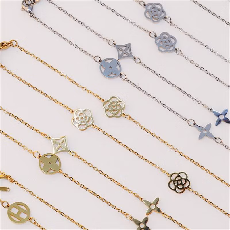 Titanium Steel Hollow Four-Leaf Clover Necklace Simple Thin H Letter Cc Camellia Mask Earphone Glasses Chain