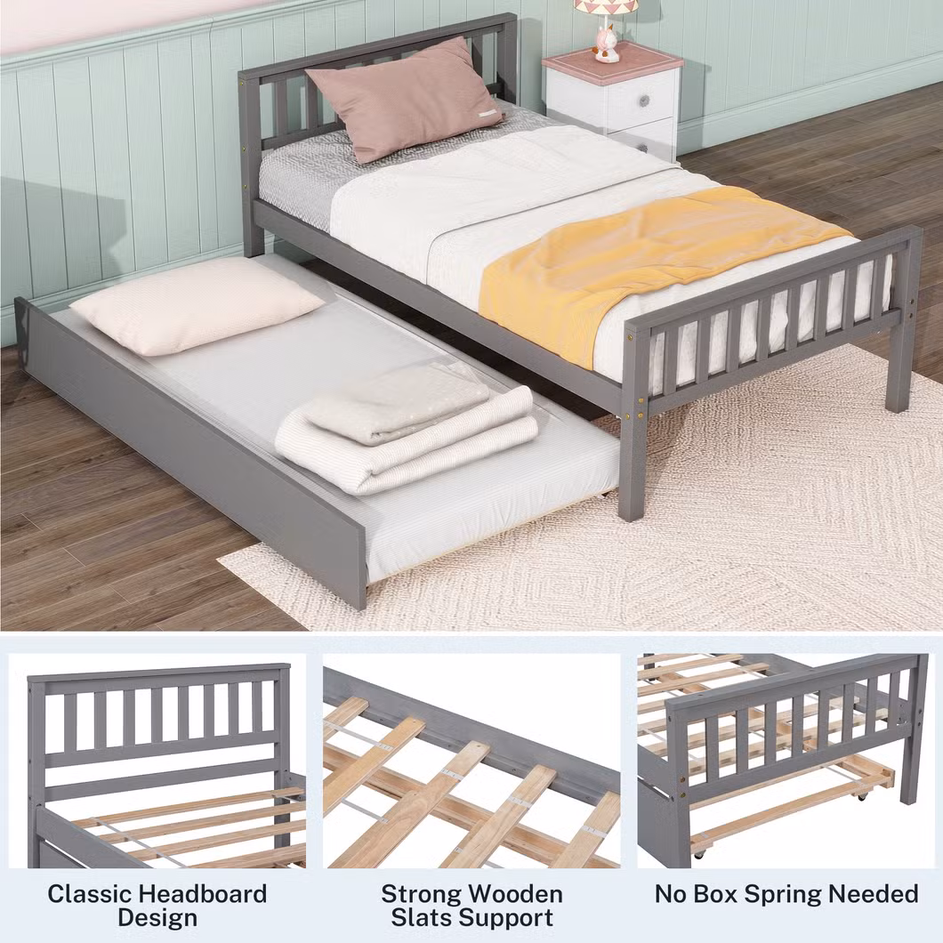 Twin Bed Frame for Kids, Solid Wood 2 Platform Beds, Twin Size Platform Bed Frame with Headboard