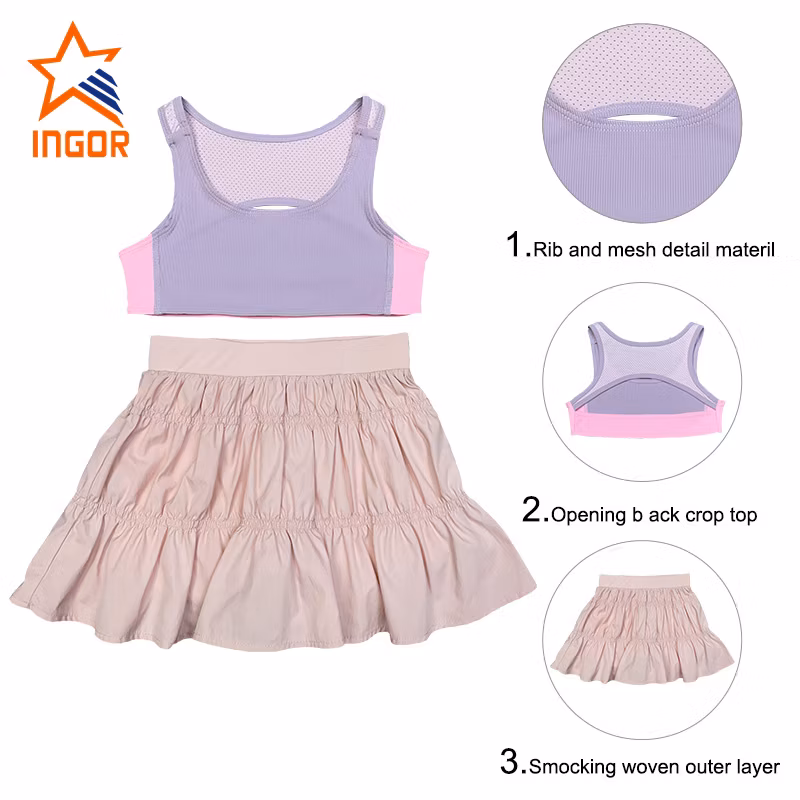Ingorsports Kids Activewear Rib and Mesh Detail Material Opening Back Crop Top Children Swimwear Sports Wear