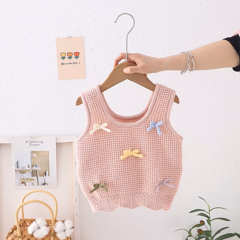 2024 New Children′s Sweater Spring and Autumn Girls 3D Bow Candy Vest Solid Color