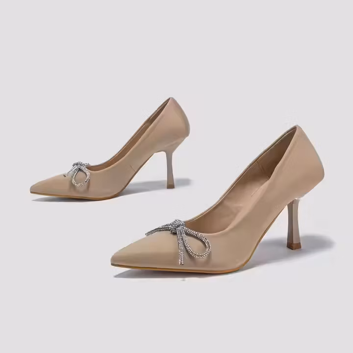Hot Sale Four Seasons Rhinestone Bow Socialite Temperament High Heel Versatile Simple Summer Plus Size Single Shoes