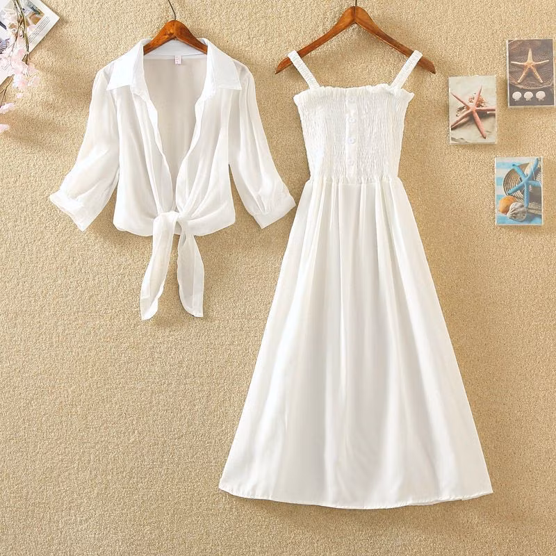 2024 Kids Girls Summer Short-Sleeved Shawl Dress with Waist and Halter