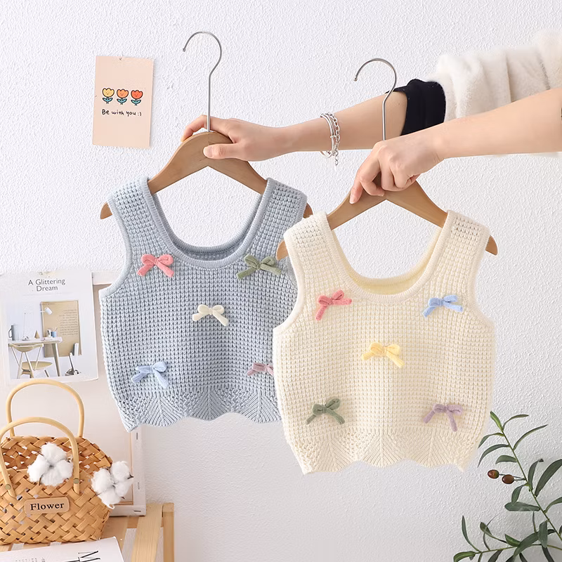 2024 New Children′s Sweater Spring and Autumn Girls 3D Bow Candy Vest Solid Color