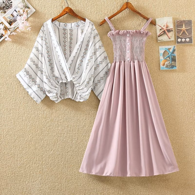 2024 Kids Girls Summer Short-Sleeved Shawl Dress with Waist and Halter