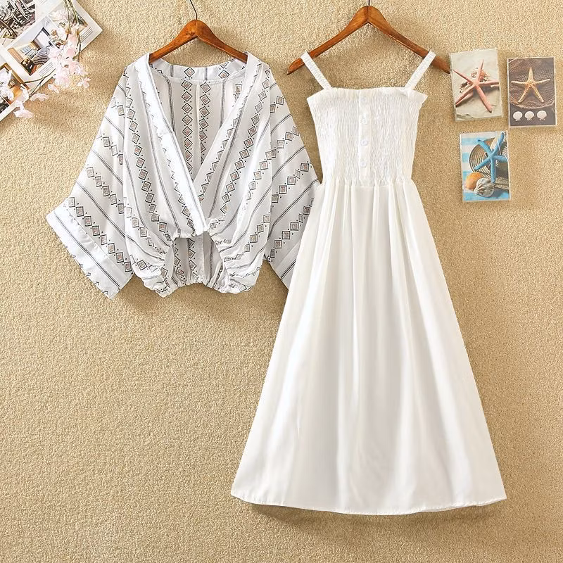 2024 Kids Girls Summer Short-Sleeved Shawl Dress with Waist and Halter