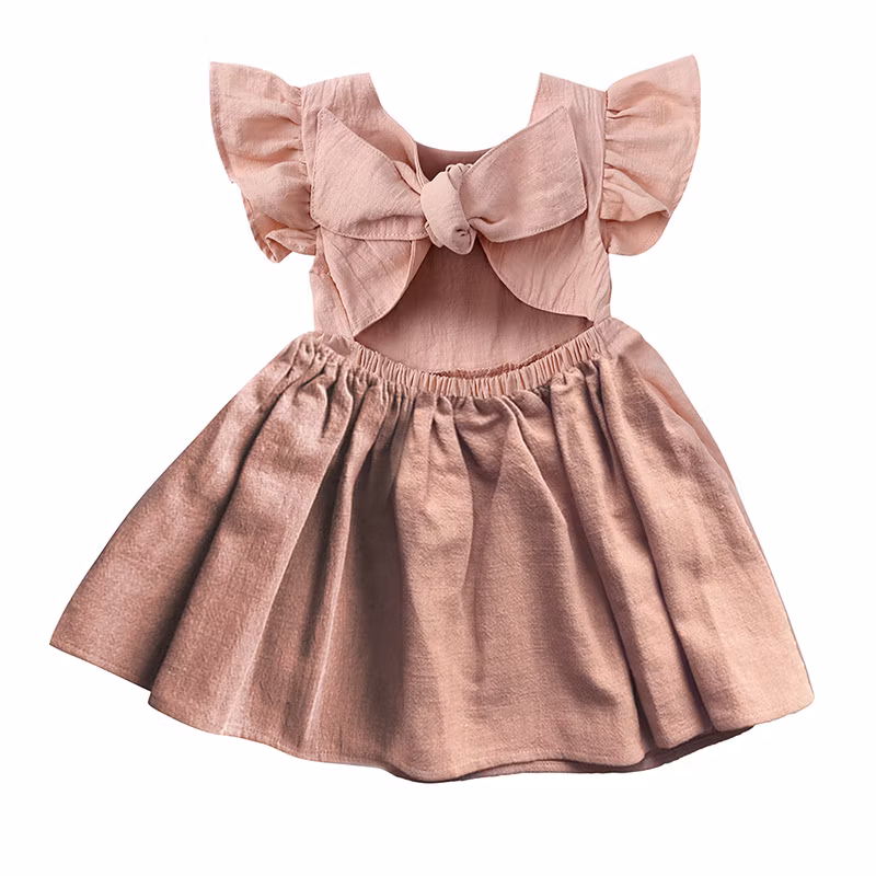 Girl′s Dress Baby Cotton Linen Solid Color Children′s Skirt Baby Wear Kids Wear