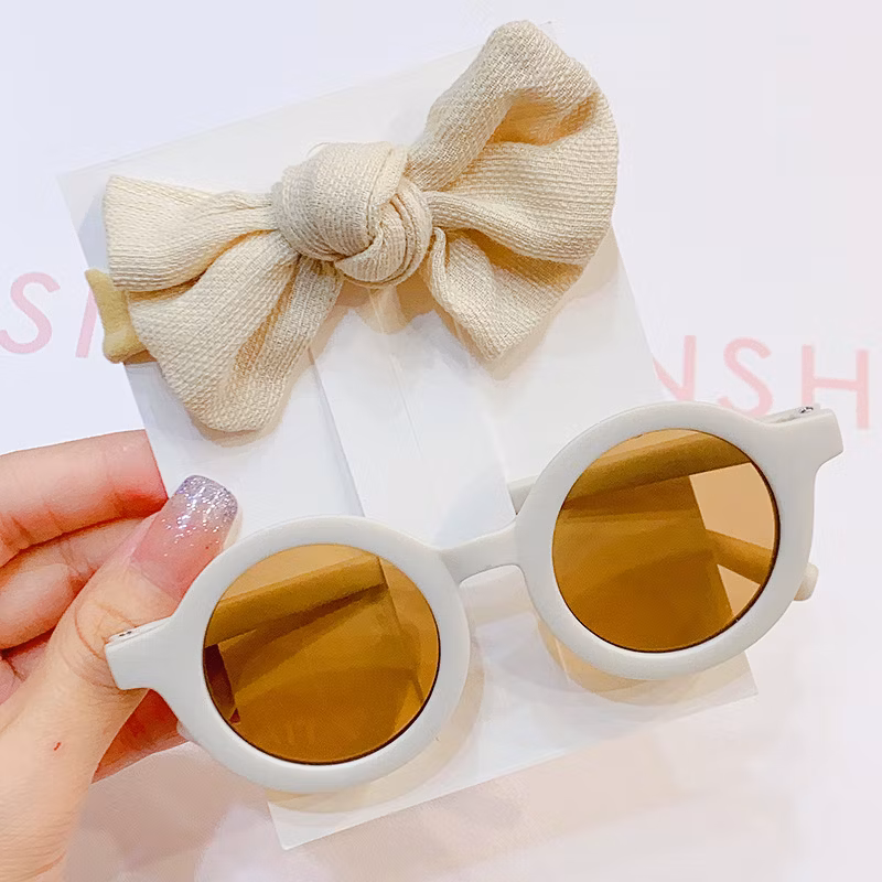 2PCS/Pack Vintage Kids Summer Bows Headband Round Sunglasses Children Sun Glasses Protection Glasses Baby Hair Accessories