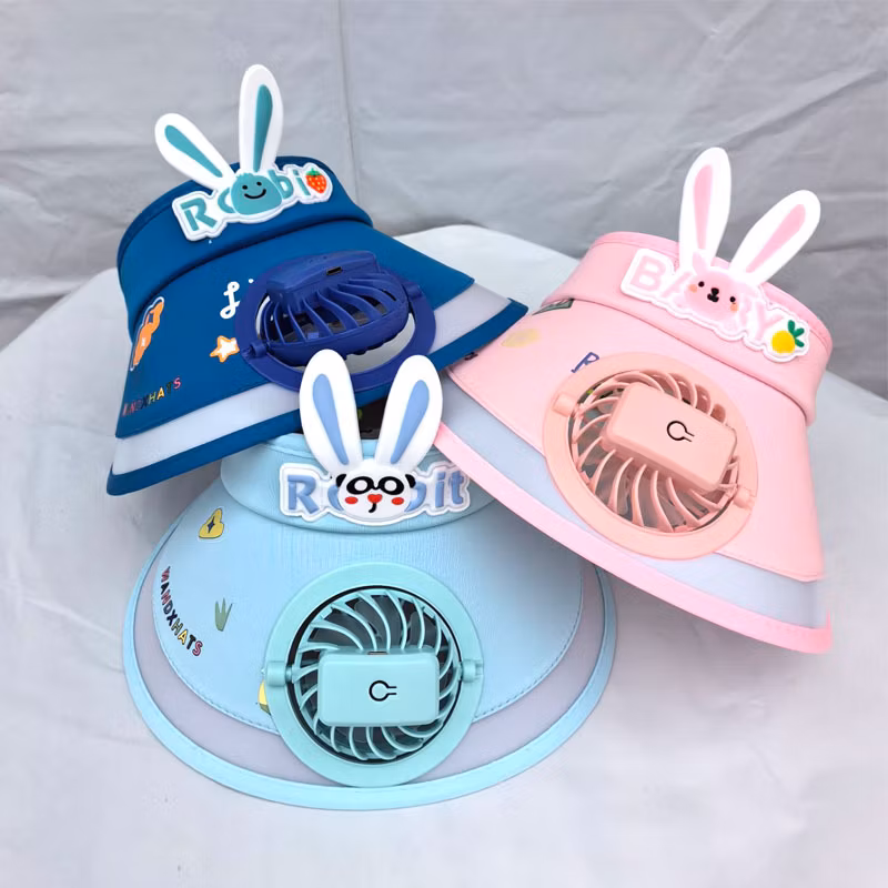 Novelties 2024 Children′s Fan Summer Sun Hat Net Gift Set Kids Fan with Large Brim Heat UV Protection Cartoon Ran Hat Fan