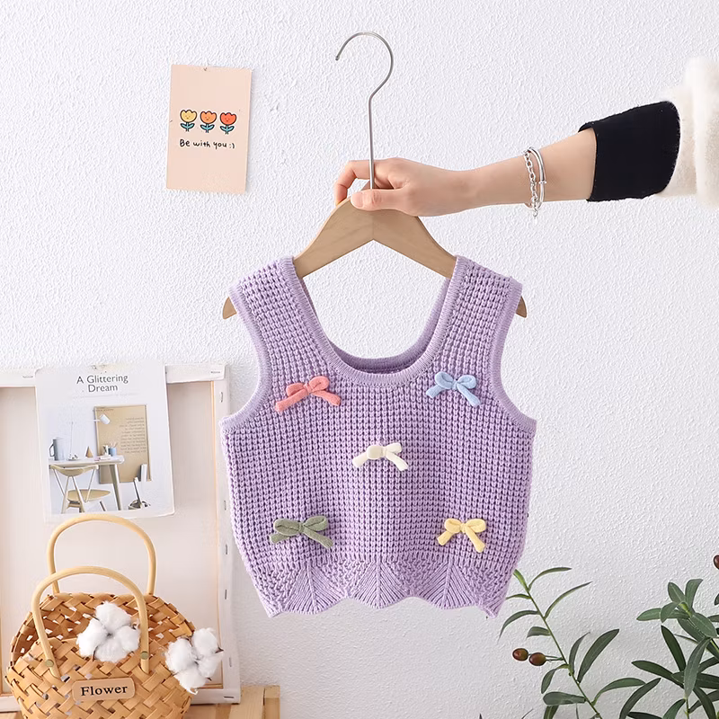 2024 New Children′s Sweater Spring and Autumn Girls 3D Bow Candy Vest Solid Color