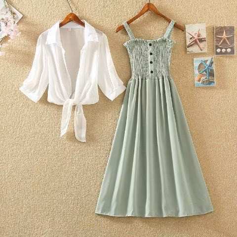 2024 Kids Girls Summer Short-Sleeved Shawl Dress with Waist and Halter