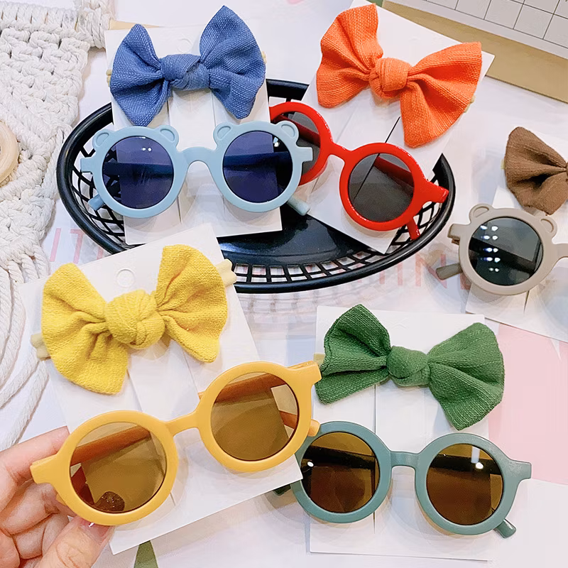 2PCS/Pack Vintage Kids Summer Bows Headband Round Sunglasses Children Sun Glasses Protection Glasses Baby Hair Accessories
