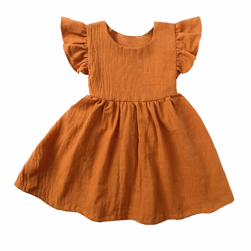 Girl′s Dress Baby Cotton Linen Solid Color Children′s Skirt Baby Wear Kids Wear