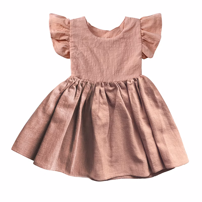 Girl′s Dress Baby Cotton Linen Solid Color Children′s Skirt Baby Wear Kids Wear