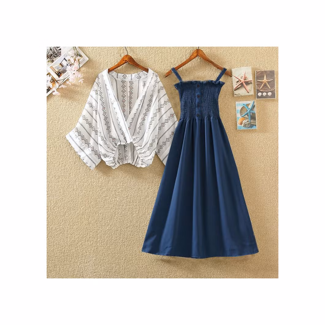2024 Kids Girls Summer Short-Sleeved Shawl Dress with Waist and Halter