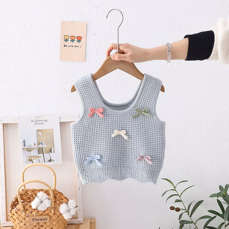 2024 New Children′s Sweater Spring and Autumn Girls 3D Bow Candy Vest Solid Color