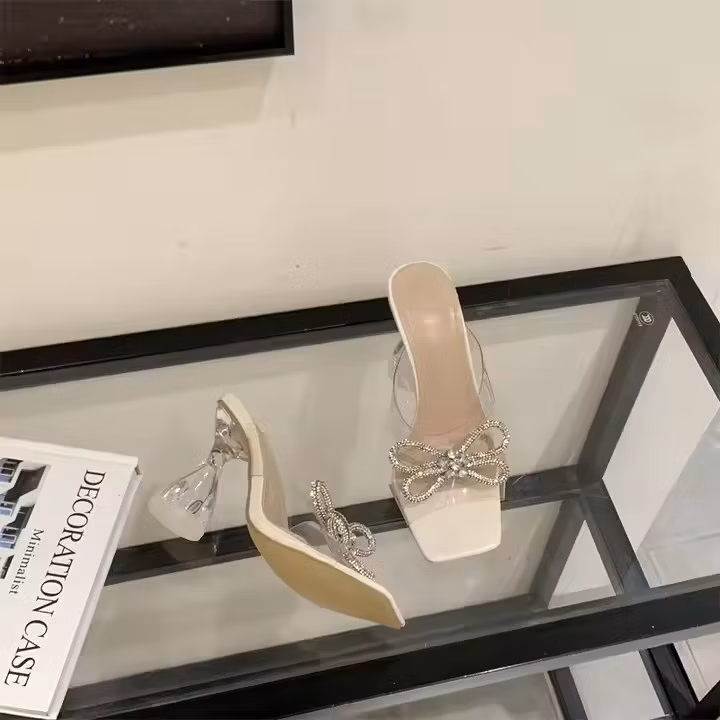 Hot Sale New 2025 New Rhinestone Bow Crystal Heel Fairy High Heel Slippers