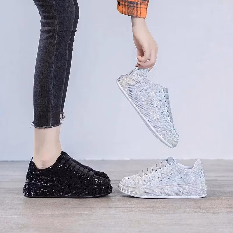Autumn Women Platform Shoes Rhinestones Thicksoled White Silver Shining Crystal Sneakers Trend