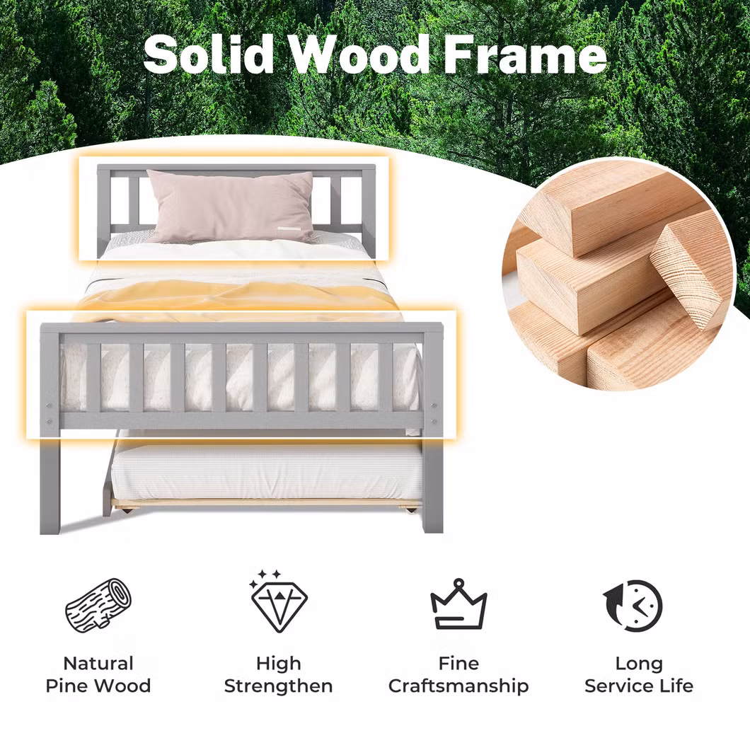 Twin Bed Frame for Kids, Solid Wood 2 Platform Beds, Twin Size Platform Bed Frame with Headboard