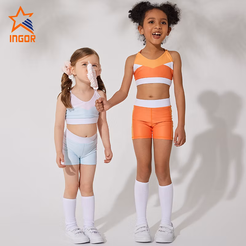 Ingorsports Kids Activewear Rib and Mesh Detail Material Opening Back Crop Top Children Swimwear Sports Wear