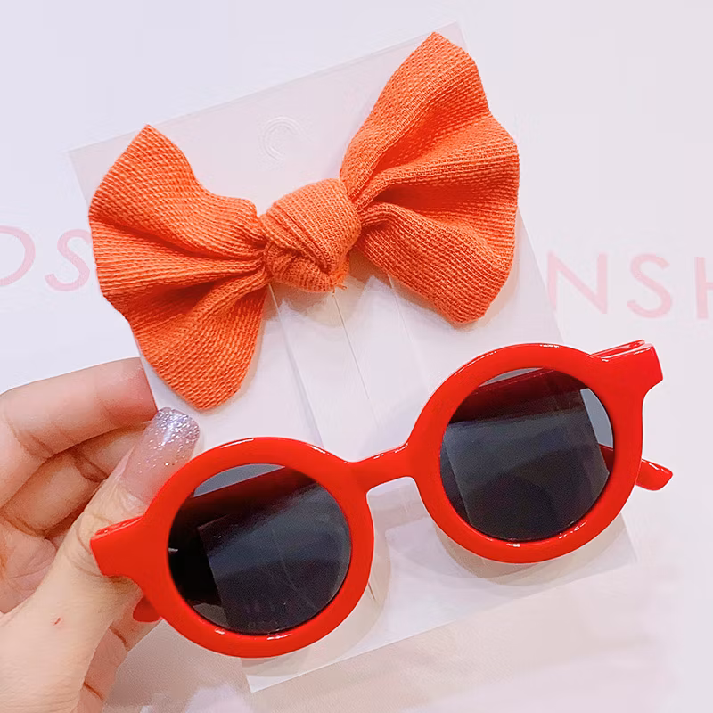 2PCS/Pack Vintage Kids Summer Bows Headband Round Sunglasses Children Sun Glasses Protection Glasses Baby Hair Accessories
