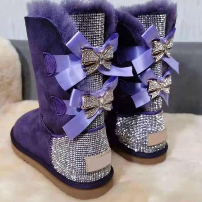 Wholesale Snow Boots Fashion Ladies Sheepskin Kids Women Winter Snow Ribbon Fur Boots with Bows Anti-Skid Sheepskin Snow Boots