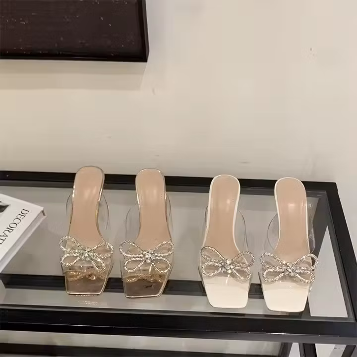 Hot Sale New 2025 New Rhinestone Bow Crystal Heel Fairy High Heel Slippers