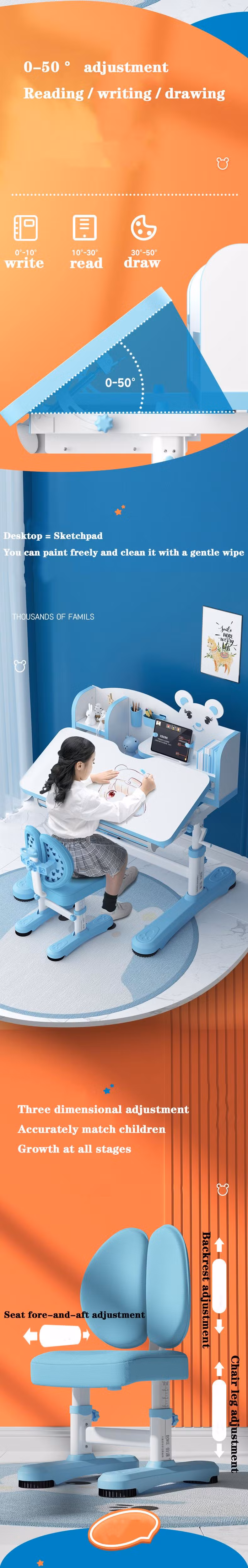 Comniner Child Reading Table, Customized Writing Pencil Drawer Plastic Kids Table and Chair Set with LED Light
