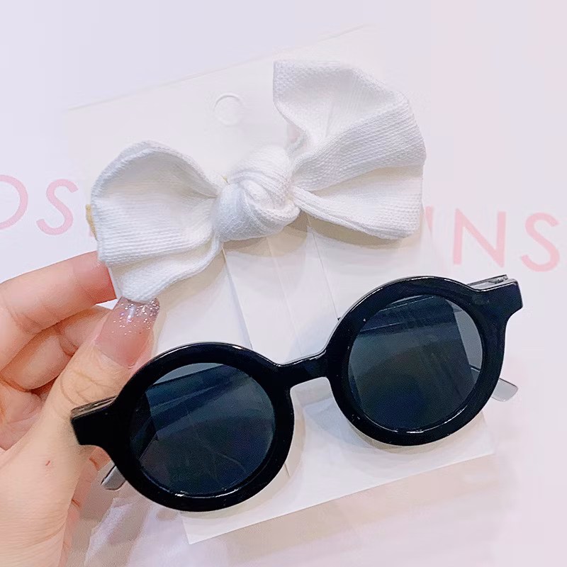 2PCS/Pack Vintage Kids Summer Bows Headband Round Sunglasses Children Sun Glasses Protection Glasses Baby Hair Accessories