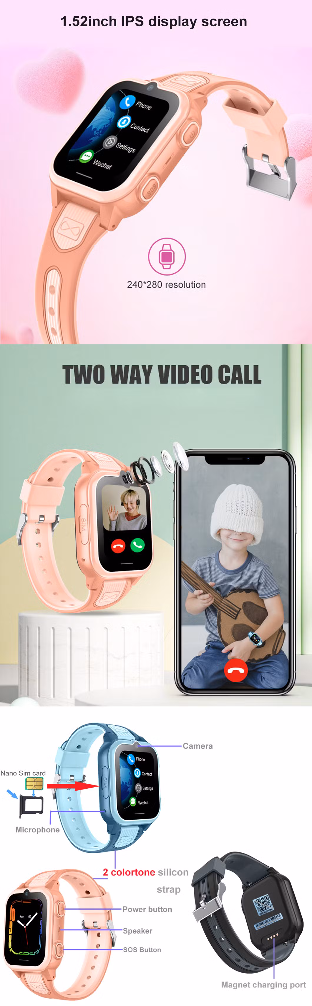 2024 Wholesale new hot sales 4G Children School safety wearable GPS Tracker Watch with free global Video Call D36U