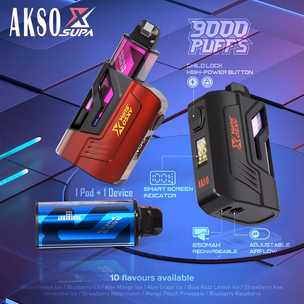 2024 New Trend Products Pod System Disposabl Vape Akso Supa X 9000 Puffs Vape with LED Display and Child Lock Ecigar Puff Bar