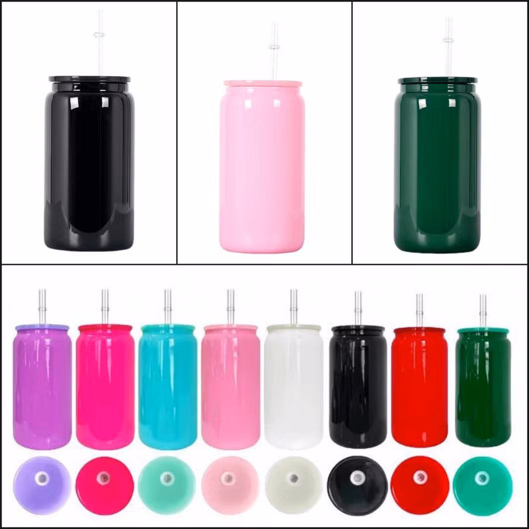 UV Dtf Glossy Colored 16oz Cans Glass Tumbler with Clear Plastic Straw Can Shaped Drinkware Beer Glasses Cup for Drinking Camping