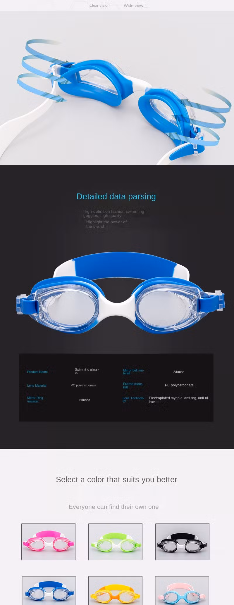 Children′s Swimming Goggles Color Matching New Swimming Glasses for Men and Women Students Amazon Cross-Border Anti-Fog Silicone Swimming Goggles