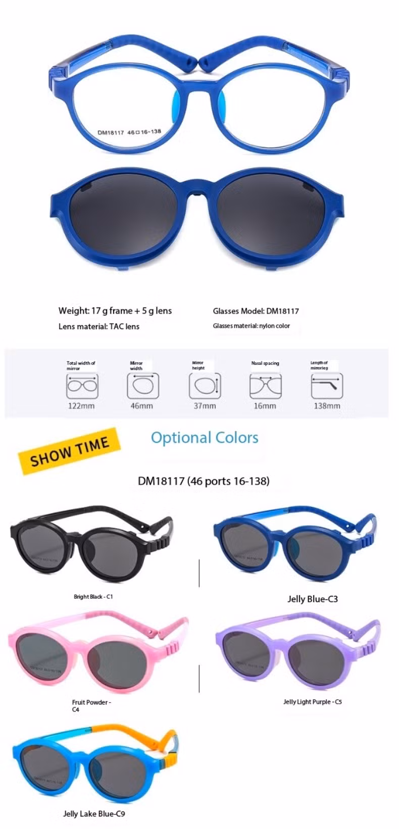 Super Flex Tpee Colorful Kids Nylon Tr Frames Clip on Sunglass Frame
