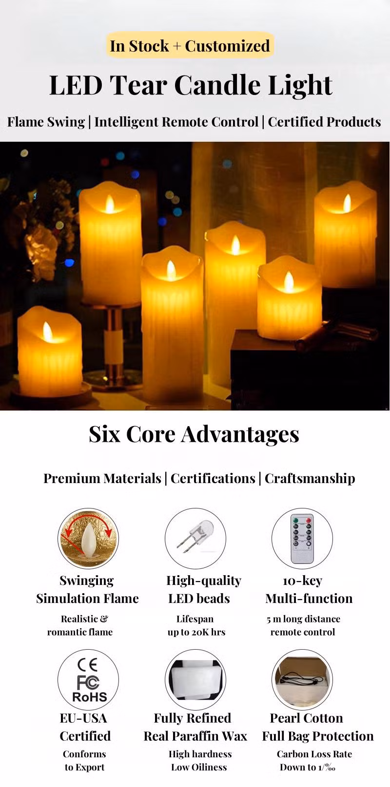 Multicolor Pearl LED Candle – Rechargeable, Flameless, with Remote Control
