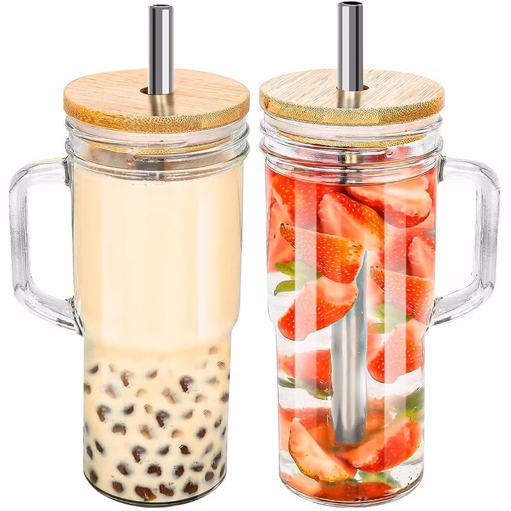 Wholesale 16oz Vertical Pattern Cola Container High Borosilicate with Bamboo Lid Single Layer Straw Cup Mason Cold Drink Glass Packaging